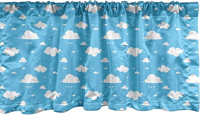 Ambesonne Sky Blue Window Valance Pack of 2, Fluffy Clouds Day Time Illustration Cheerful Heavenly Cartoon, Rod Pocket Curtain Valances for Kitchen Bedroom, 54" X 12", Deep Sky Blue and White