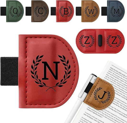 Personalized Bygone Mark Bookmark with Pen Holder,Engraving Leather Magnetic Bookmarks Vintage 26 Letters Name Initials Text Book Marker Clips Gifts for Reading Book Lovers Women (Red, N)