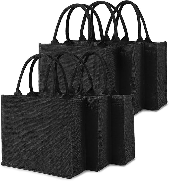 Segarty Tote Bags, 6 Pack Medium Black Burlap Jute Reusable Canvas Gift Favors Bag with Handles Blank Tote Bulk for Bridesmaid Wedding, Women Market Grocery Shopping, Bachelorette Party, Beach Trip
