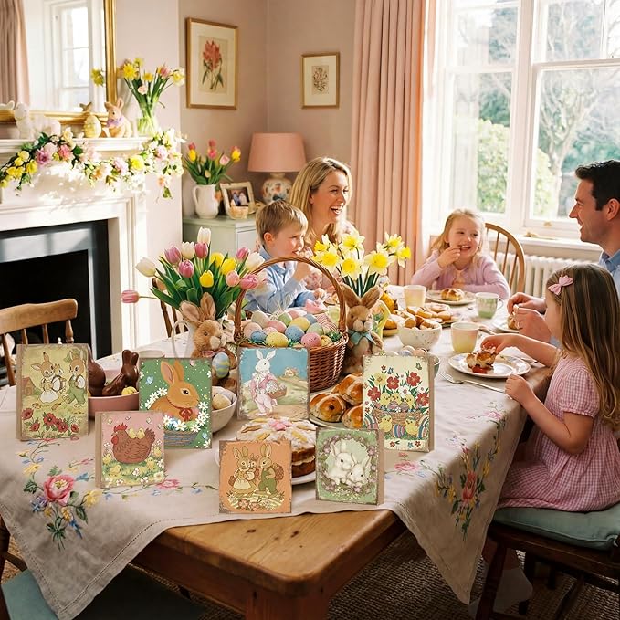 Wenqik 8 Pcs Vintage Easter Decorations Retro Bunny Wooden Sign Easter Table Centerpiece Tiered Tray Decor Bunny Ornaments Cute Spring Chicks Decor for Home Tabletop Desk Shelf Office Farmhouse
