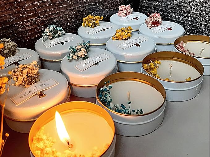 Personalized Natural Soy Wax Wedding Favor Candle Gift Set for Guest - Fall Winter Christmas Custom Dried Flower Bridal Baby Shower Gifts in Bulk (50 Pieces, Pink Flower)