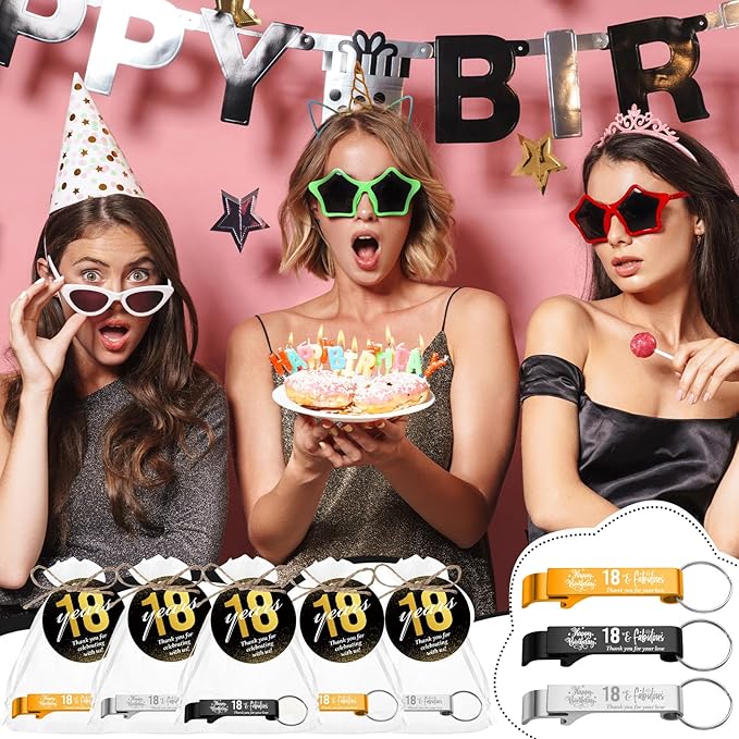Dandat 54 Sets 18th Birthday Party Favors for Guests Birthday Beer Opener Keychain Cheers to 18 Bottle Opener Keychain with Thank You Cards and Gift Bags for Anniversary Wedding Party Favors