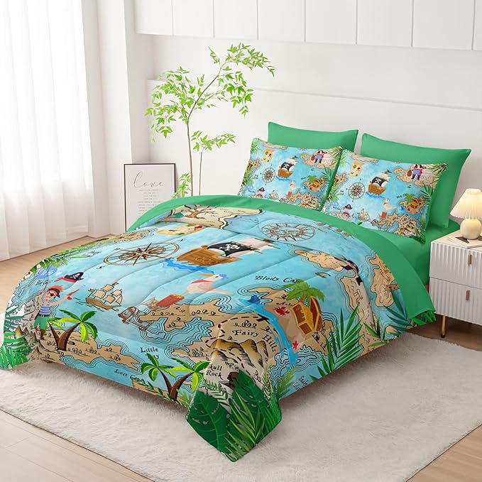 7Pcs Comforter Set Pirate Ship Printed Bedding Set with 1 Comforter, 1 Flat Sheet, 1 Fitted Sheet and 4 Pillowcases for Boys and Girls Bedroom All Season(Pirate Ship Full)