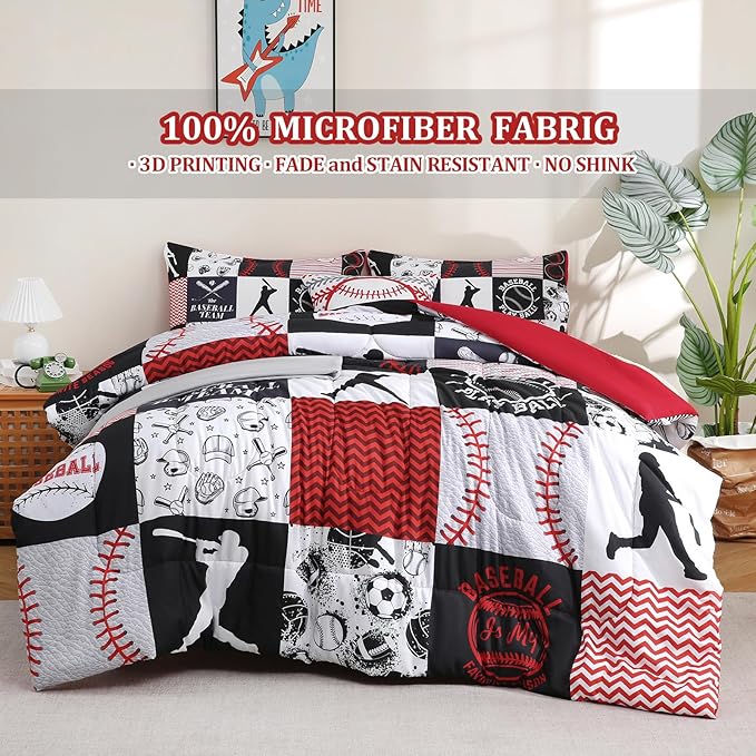 6 Pcs Baseball Twin Bedding Sets Sports Twin Size Comforter Set with Sheets for Boys Kids Teens