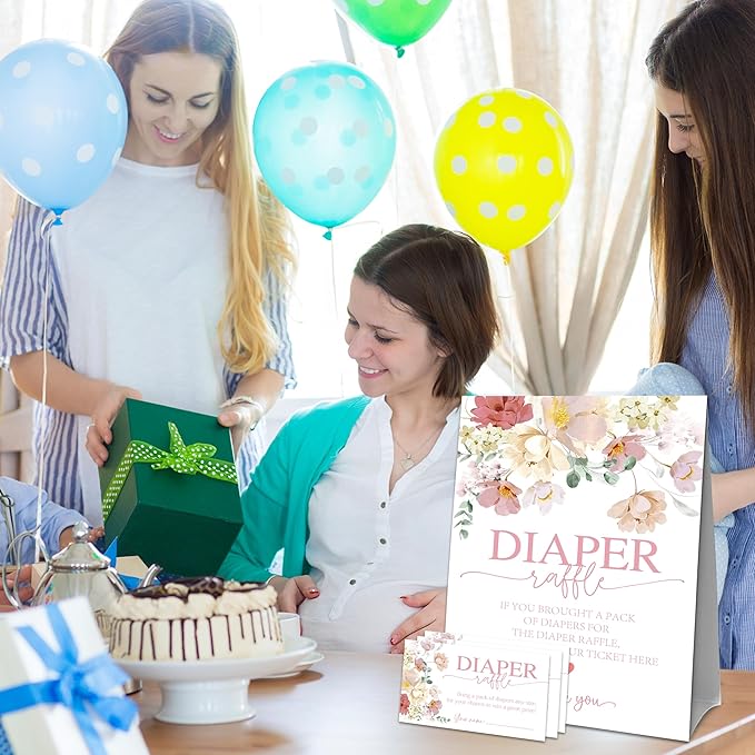 Floral Baby Shower Diaper Raffle Game Set - Watercolor Flowers 1 Standing Sign & 50 Diaper Raffel Tickets - Baby Announcement, Gender Reveal Party Activities & Decorations for Boys, Girls - A02