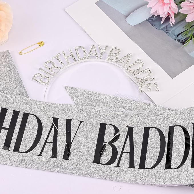 Canitor Birthday Baddie Sash Crown Set Birthday Party Favors Supplies Decorations & Accessories for Women Girl Men Adult Rhinestone Tiara Headband Soft Satin Sash