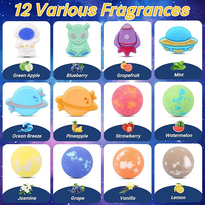 Galaxy Bath Bombs for Kids with Surprise Inside, 12pcs Planet Bath Bombs with Space Gemstones, Organic Essential Oil Bubble Bath for Kids Boys Girls Christmas Birthday Gift