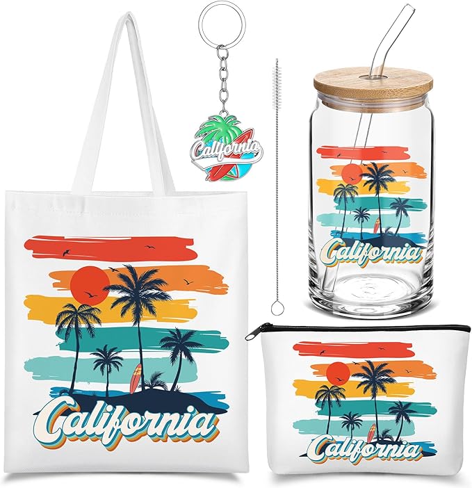 Chuangdi 4 Pcs California Travel Gifts Set Canvas Bag Cosmetic bag 16 oz Tumbler and Keychain California City Souvenirs for Christmas Traveler Friend Lover Sister Gifts
