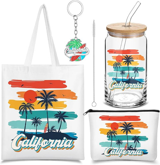 Chuangdi 4 Pcs California Travel Gifts Set Canvas Bag Cosmetic bag 16 oz Tumbler and Keychain California City Souvenirs for Christmas Traveler Friend Lover Sister Gifts
