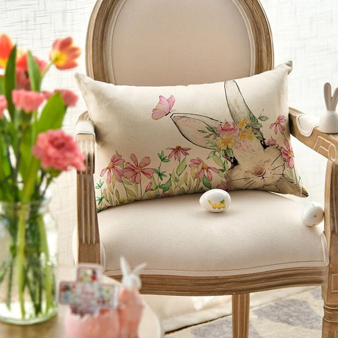 AVOIN colorlife Easter Floral Garland Bunny Throw Pillow Cover Set of 2, 12 x 20 and 18 x 18 Inch Spring Rabbit Holiday Cushion Case Decoration for Sofa Couch