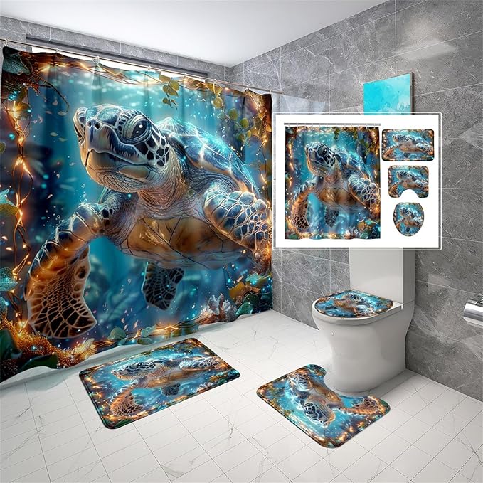 4 Pcs Turtle Shower Curtain - Under The Sea Shower Curtain Set Ocean Bathroom Sets with Shower Curtain and Rugs with 12 Hooks
