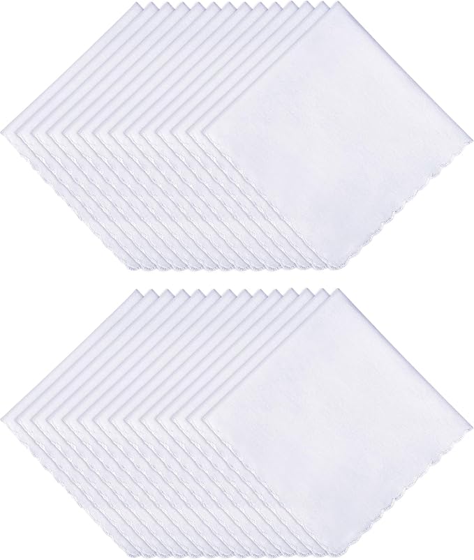 Kinlop Scalloped White Handkerchiefs for Women Men Bulk Cotton Hankies Pocket for Shower Gift Wedding Party Favor