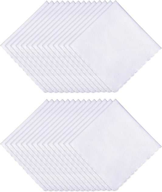 Kinlop Scalloped White Handkerchiefs for Women Men Bulk Cotton Hankies Pocket for Shower Gift Wedding Party Favor
