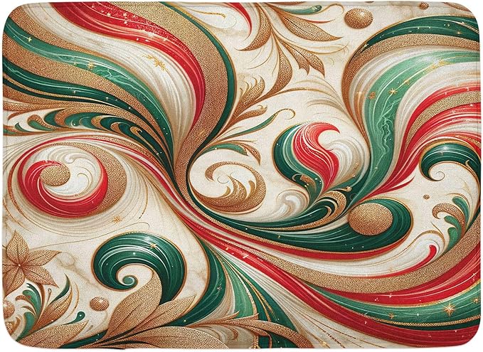 Lunarable Christmas Bath Mat, Modern Marble Print with Curlicue Leaves and Floral Abstract Boho Xmas, Plush Bathroom Decor Mat with Non Slip Backing, 30.2" x 20", Green Dark Pink Beige