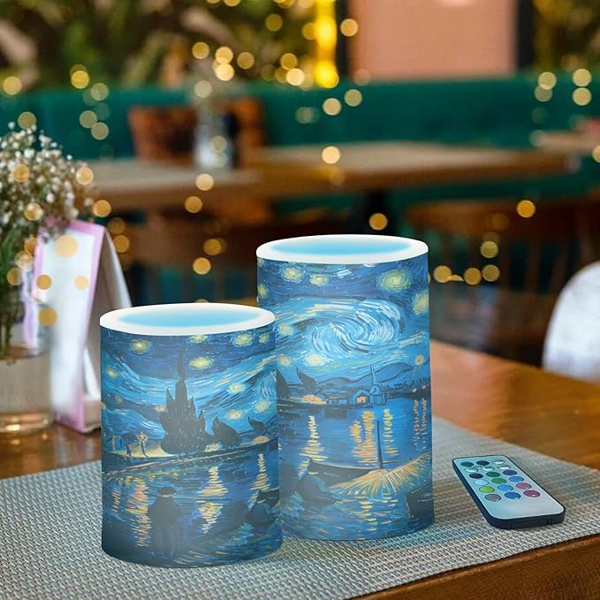 ALAZA Starry Night Over The Rhone Flickering Flameless Candles Battery Operated with Remote Timer,Tea Light Candles LED Pillar Votive Candles Set of 2 for Outdoor Indoor Decorations