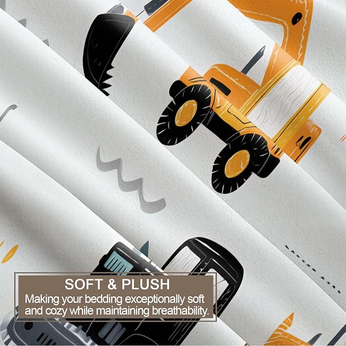 Cartoon Construction Vehicles Duvet Cover King Size Excavator Bulldozer Bedding Set Children's Cartoon Cars Comforter Set Colorful Engineering Comforter Cover with Zipper Ties for Bedroom