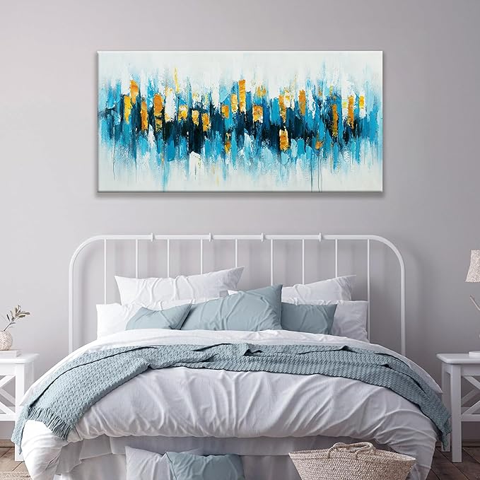 Suconvng Blue Abstract Wall Art Living Room Abstract Painting Wall Decor Modern 24"X 48" Canvas Art Wall Decor Blue Gold Wall Art Canvas Prints Artwork Pictures For Bedroom Kitchen Artwork