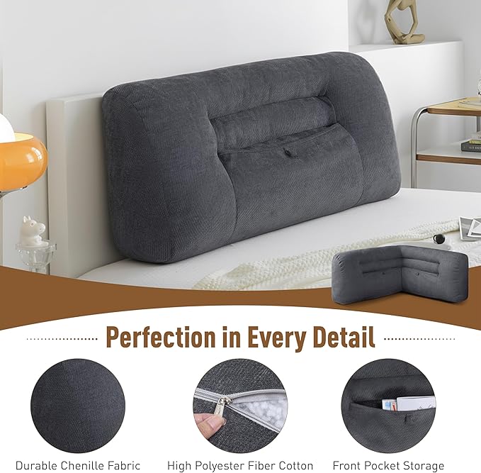 Reading Pillow for Couch, Bed Rest Back Pillow with Front Pocket, Comfortable Back Pillows for Sitting in Bed, Daybed, Tatami, Living Room