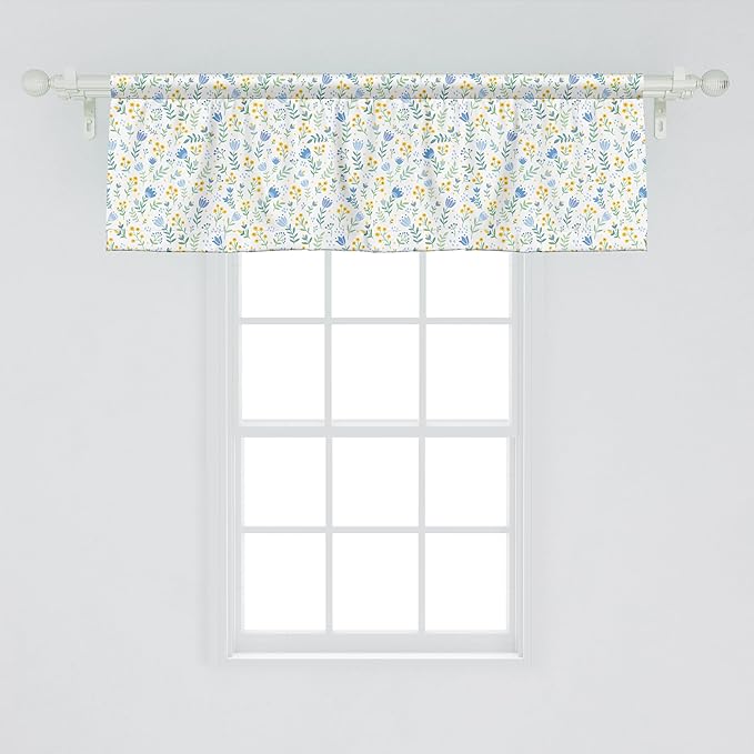Ambesonne Tulip Window Valance, Fresh Spring Meadow Pattern with Wildflowers and Tulips Rural Nature, Curtain Valance for Kitchen Bedroom Decor with Rod Pocket, 54" X 18", Pale Green Pale Blue