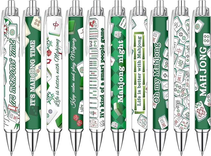 Idealmuzik Mahjong Theme Ballpoint Pens Set of 10 – Classic Tile Inspired Design with Smooth Black Ink – Fun Writing Pens for Office, Home, Game Night Gifts, Party Favors, and Everyday Use
