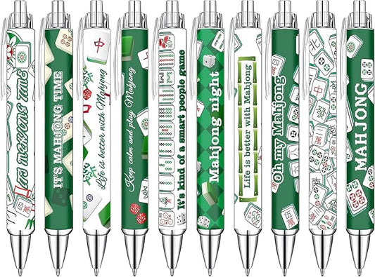 Idealmuzik Mahjong Theme Ballpoint Pens Set of 10 – Classic Tile Inspired Design with Smooth Black Ink – Fun Writing Pens for Office, Home, Game Night Gifts, Party Favors, and Everyday Use