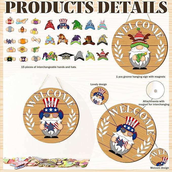 Qunclay Interchangeable Wooden Gnome Decor Holiday Seasonal Gnome Decorations with Magnet Pieces and Detachable Hats Changeable Welcome Sign for Home(Tawny)