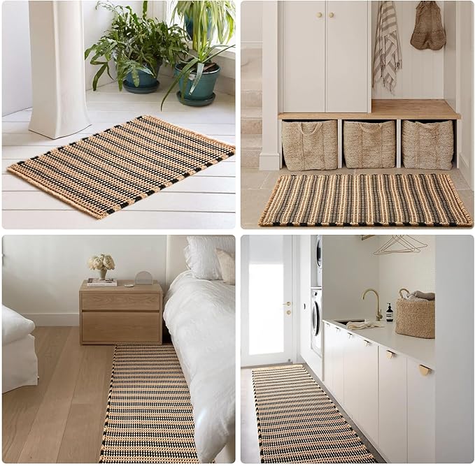 Waffle Bath Mat, Boho Bathroom Rugs Non Slip Washable Super Absorbent Quick Dry Bath Mat Farmhouse Bathroom Decor, 24"x16" Black and Khaki