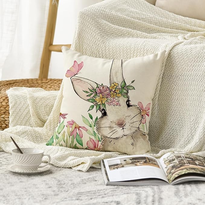 AVOIN colorlife Easter Floral Garland Bunny Throw Pillow Cover, 20 x 20 Inch Spring Rabbit Holiday Cushion Case Decoration for Sofa Couch