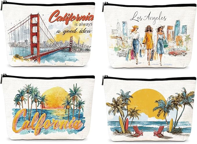 California Travel Essentials Gifts - 4Pcs California Souvenirs Makeup Bags with Zipper, City Trip Vacation Cosmetic Toiletry Pouch for Women Girls Besties Friends Birthday Christmas Gifts