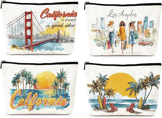 California Travel Essentials Gifts - 4Pcs California Souvenirs Makeup Bags with Zipper, City Trip Vacation Cosmetic Toiletry Pouch for Women Girls Besties Friends Birthday Christmas Gifts