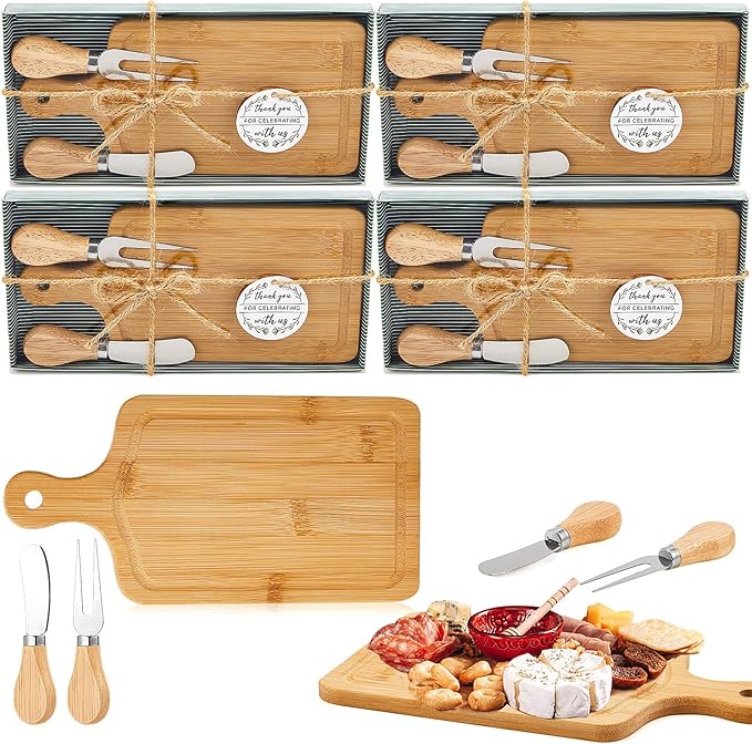 4 Set Bridal Baby Shower Cheese Prizes Wooden Square Board Gift Set Knives Forks Thank You Tags with Box for Guests for Valentines Bridal Baby Shower Housewarming Gifts (Bamboo Color)