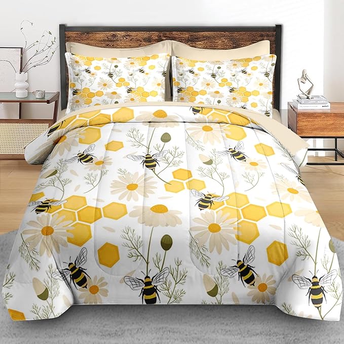 Comforter Set King Size, Bees Honey Flower 7 Pcs Bedding for Kids and Adults, Spring Floral Summer Bed Sheet Sets with Fitted Sheet 2 Pillowcases & 2 Shams for Bedroom Bed Decor