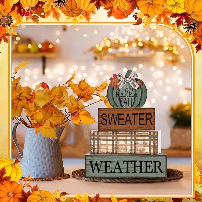 4 Pcs Thanksgiving Pumpkin Decor Fall Decorations for Home Thanksgiving Table Centerpiece Pumpkin Tiered Tray Decor Rustic Decorative Block Signs Farmhouse for Harvest Party Table Kitchen Home