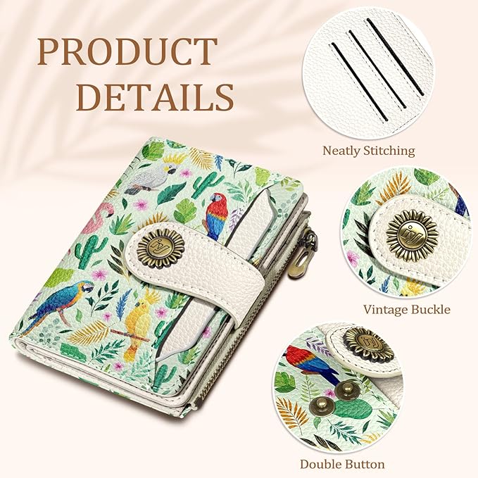 Flamingo Parrot Wallet Women Small RFID Blocking Bifold, Credit Card Holder, Zipper Coin Pocket, Cute, PU Leather, Compact, Travel, 14 Card Slots, Cash Purse, Ladies Woman Female Girls