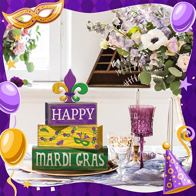 4 Pcs Mardi Gras Decorations Mardi Gras Wooden Sign Carnival Table Centerpiece Carnival Tiered Tray Decor Decorative Faux Book Stack Block for Masquerade Party Fireplace Mantel Shelf