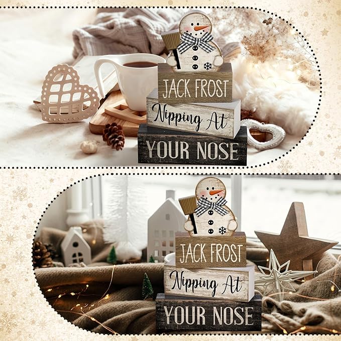 4 Pcs Winter Table Decor Wooden Snowman Black and White Winter Tiered Tray Decor Rustic Decorative Snowman Block Sign Gifts Christmas Centerpiece Rustic Christmas Decorations for Home Kitchen