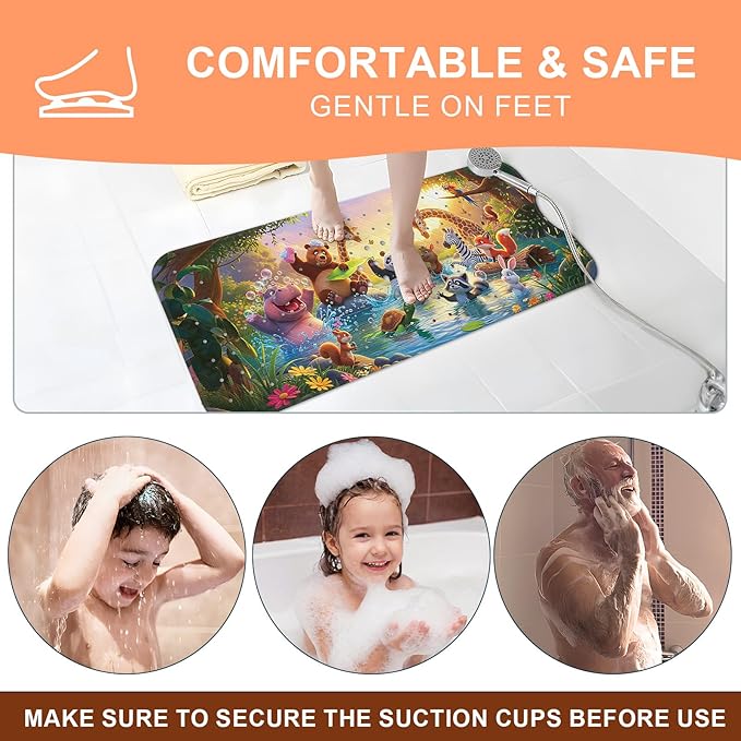 XIYUNTE Upgrade Baby Bath Mat Non Slip - 40"x16" Extra Long Kids Bath Mat for Tub Non Slip Bathtub Mat Eco-Friendly Toddler Bath Mats with Suction Cups, Machine Washable and No Fading, Animal Dusk