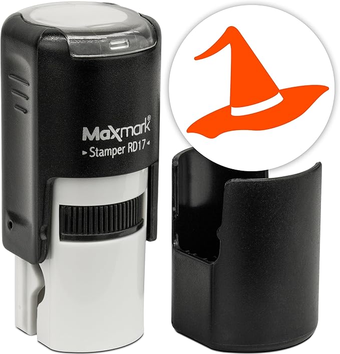 MaxMark Round Self Inking Halloween Stamp - Hat - Orange Ink