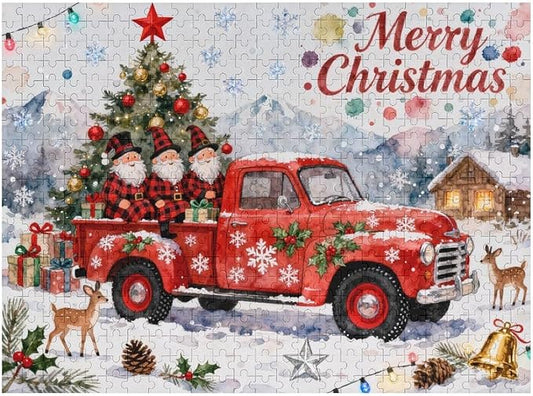 Merry Christmas-Red Car Gnomes 1000-Piece Wooden Jigsaw Puzzle, Holiday Cheer Puzzle, Red Car Gnomes Scene, Family Entertainment, Relaxing Indoor Activity, Stress-Relief Fun