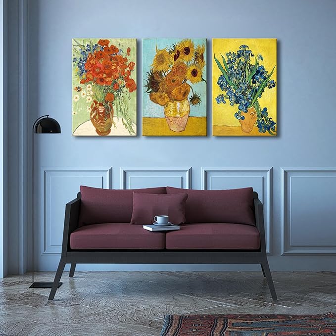 Wieco Art 3 Panels Canvas Prints of Vincent Van Gogh Paintings Reproduction Red Poppies and Daisies Irises in Vase Sunflower Canvas Wall Art for Living Room Home Office Decor