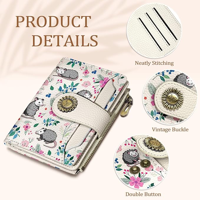Possum Wallet Women Small RFID Blocking Bifold, Credit Card Holder, Zipper Coin Pocket, Funny Opossum, Cute, PU Leather, Compact, Travel, 14 Card Slots, Cash Purse, Ladies Woman Female Girls