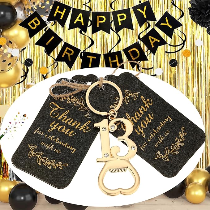24 pcs 13th Gold Keychain Bottle Opener Birthday Party Favors for Guests,13th Beer Bottle Opener Favors Bulk for 13 Birthday Anniversary Souvenirs Party Decor Supplies (Gold 13th)