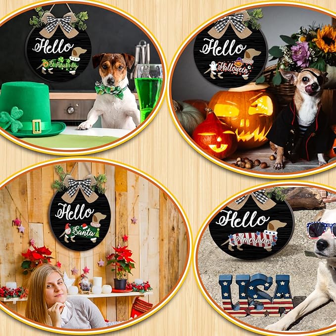 16 Pcs Interchangeable Dog Wooden Door Hanger Ornaments Rustic Dachshund Seasonal Home Sign Replaceable Hanging Vertical Welcome Sign Front Door Porch Decor for Wall Outdoor Xmas Fall Decor (Black)