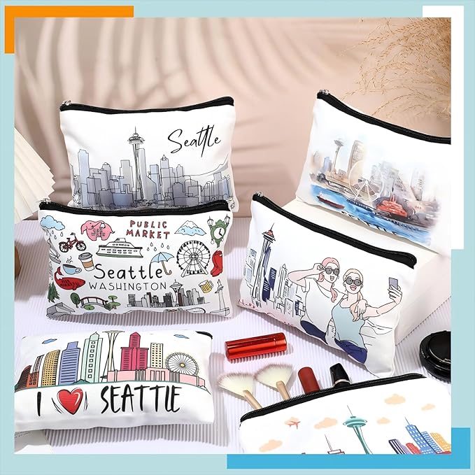 Reginary 6 Pcs City Cosmetic Bag Souvenir Gifts New York Zipper Pouch Chicago Souvenir Seattle Boston Nashville London Paris Italy Alaska Gifts Memento for Women Traveler(Seattle)