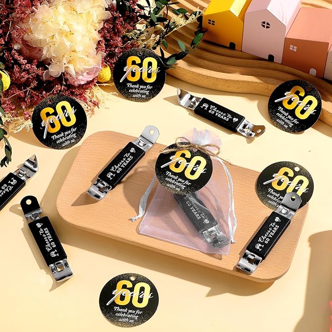 25 Sets 60th Birthday Party Favors for Guests 60th Magnetic Bottle Opener Multifunctional Jar Can Opener Thank You Cards Bag with Twine for Anniversary Party Favors Wedding Shower