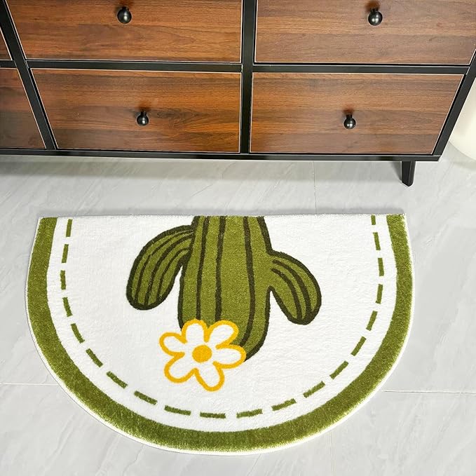 Washable Cute Bath Mat for Bathroom,31x20 Half Circle Non-Slip Small Thin Soft Bath Rugs, Absorbent Water Quick Dry Bath mats, Plush Carpet for Bathtub, Boho Farmhouse Decor (Green Cactus)