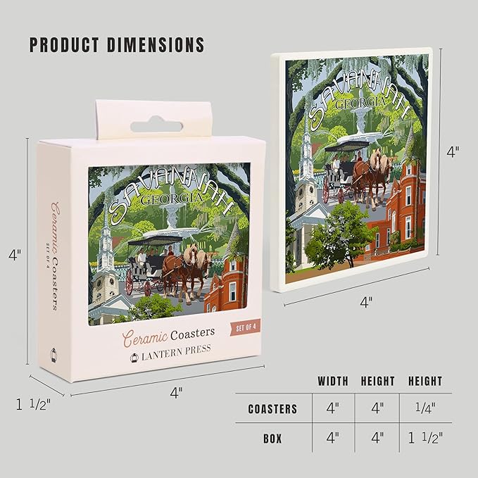Lantern Press Savannah, Georgia, Town Views (Absorbent Ceramic Coasters Set of 4 Matching Images, Cork Back, Kitchen Table Decor)