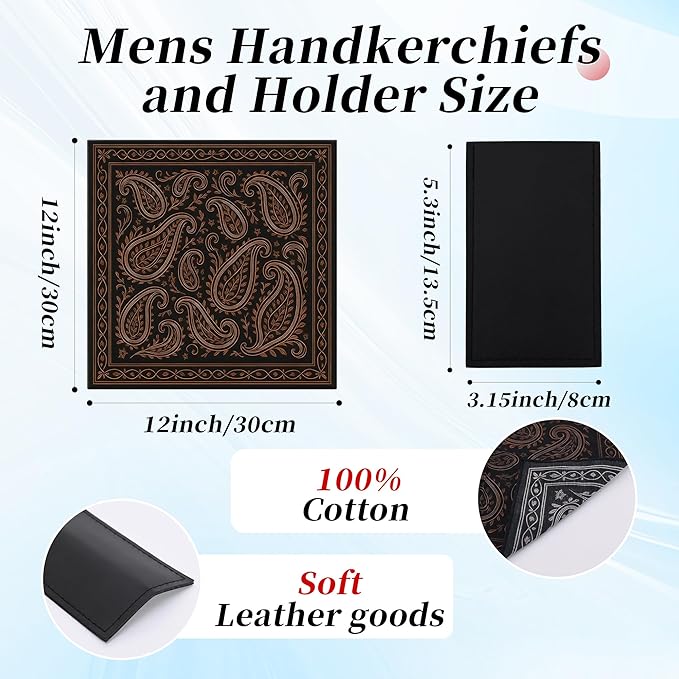 Handkerchiefs for Men, Reusable Soft Cotton Pocket Squares for Men with Holder, 12 x12 Inch