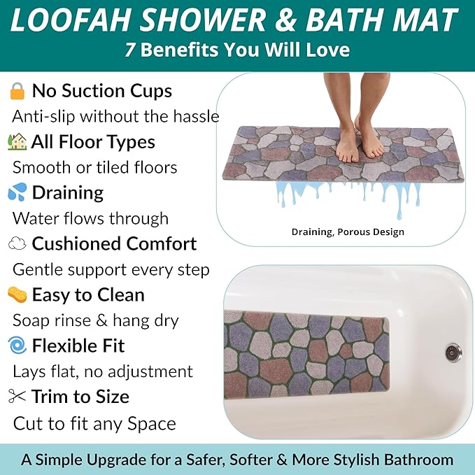 Non Slip Bathtub Mat Shower Mat for Tub - Loofah Bath Mats for Bathroom - 40x16 Bathtub Floor Mat - Textured Anti Slip Bath Mat Without Suction Cups - Secure Mat for Wet Areas (40x16 Stone Path)