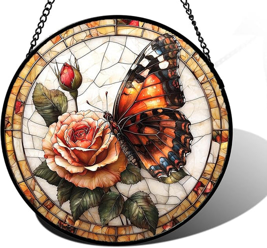 Stained Glass Window Hanging, Butterfly Picking Flowers Suncatcher for Doors Home Sun Catchers Decoration and Christmas, Mother's Day Birthday Gifts for Women, Men, and Mom 6.3 in